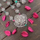 Vriksham Lakshmi With Paisley Motif Chain Oxidized Silver With Black Thread Neckpiece-Red Green-S989